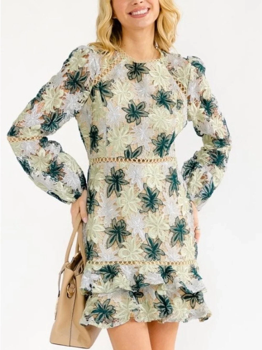 GREEN AND CREAM LONG SLEEVE FLORAL MINI DRESS WITH CROCHET AND LACE DETAILS - Picture 1 of 13
